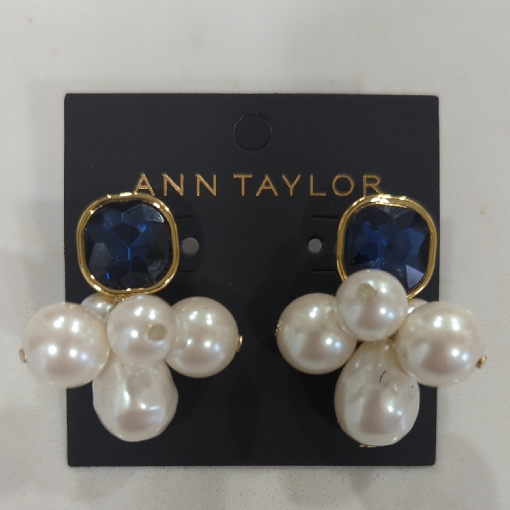 Ann Taylor Gold-Tone Navy Crystal and Pearl Cluster Earrings